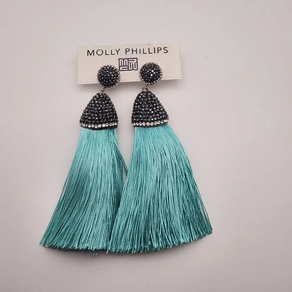 NWT Molly Phillips Black & Clear Rhinestone & Blue Tassel Earrings